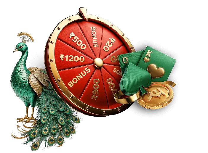 Green peacock, a red bonus wheel and playing cards with a rupee coin