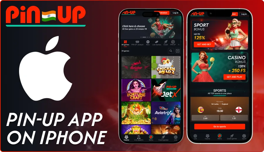 Pin-Up web app on two iPhones next to the Apple logo