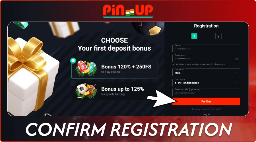 Pin-Up registration form with the final Register button