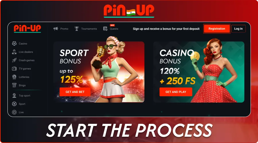 Pin-Up homepage with the sign-up button and bonus banners